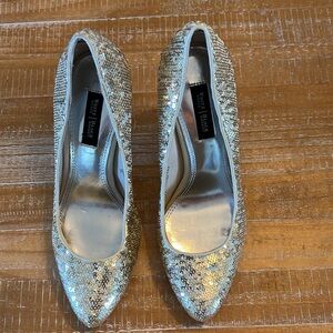 WHBM gold sequin 4” heels size 7; runs 1/2 size small. Worn 1x excellent cond
